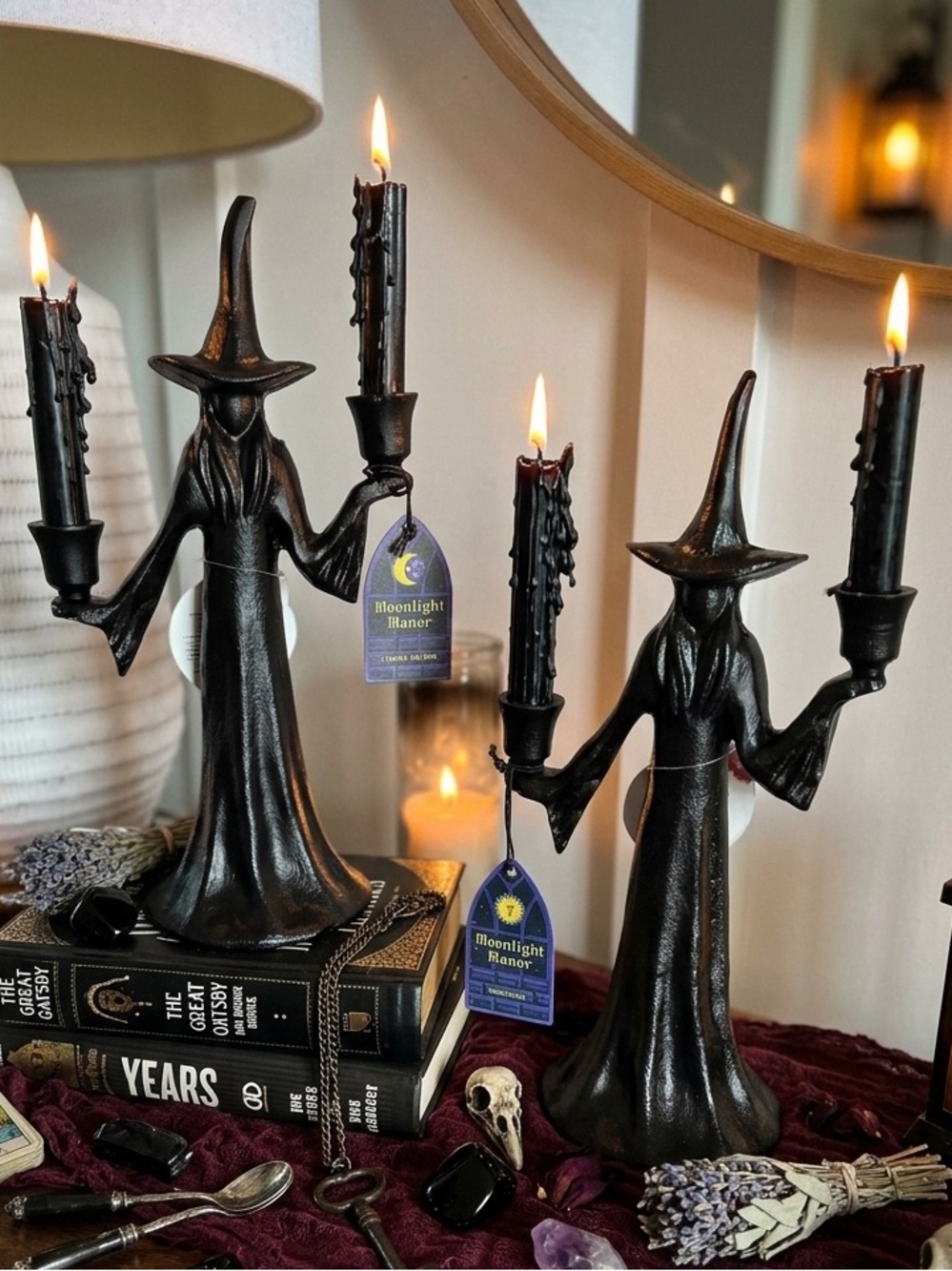 Moonlight Manor Witch Taper Candle Holders Set of 2 Black Halloween NWT